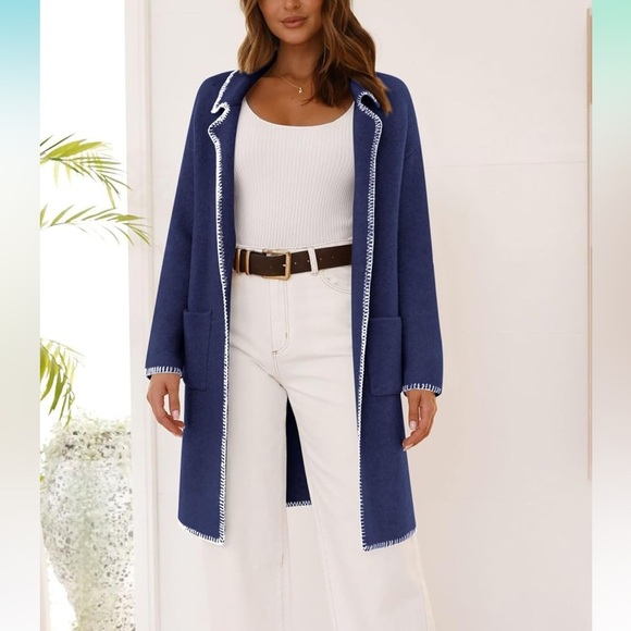 BTFBM Sweaters - NWT Stylish Blue Open Front Cardigan w/pockets and white trim medium